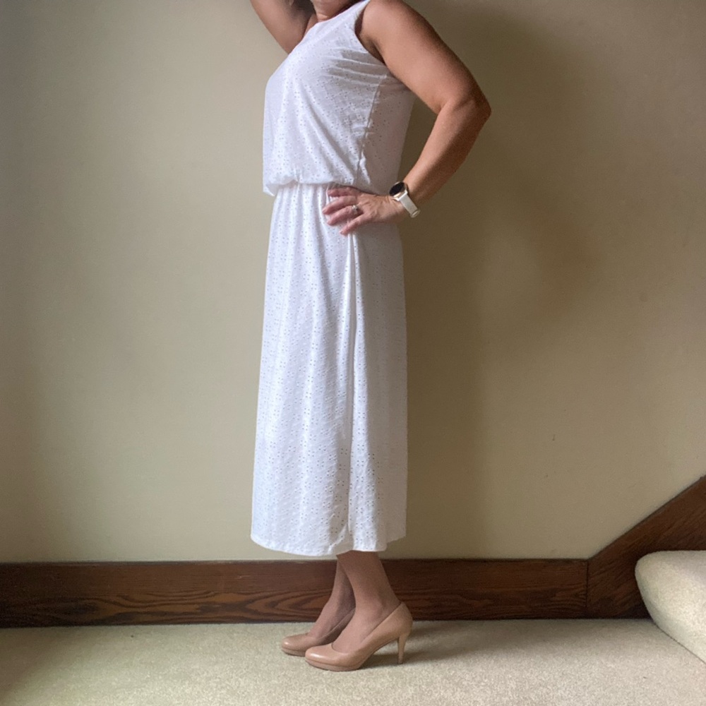 Blair white/off white eyelet sleeveless long modest dress lined long skirt
